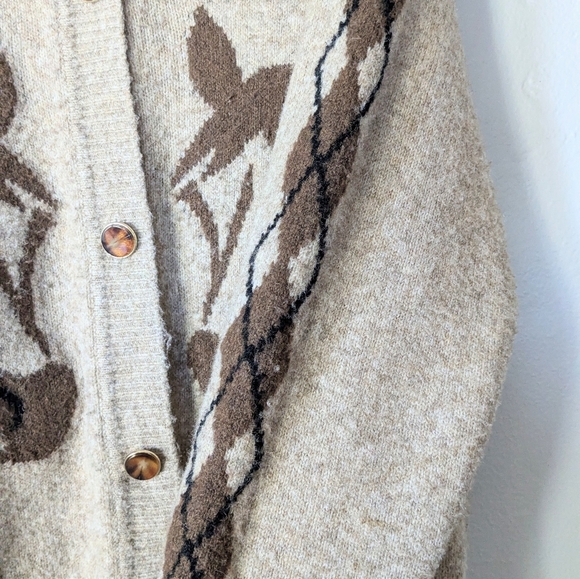 Marled Horse Intarsia Cardigan Sweater Argyle Sleeve Beige M - Anthropologie - Picture 6 of 7